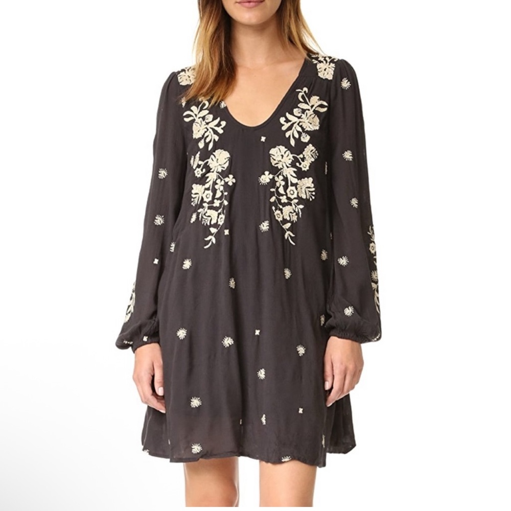 Free People Black V-Neck Bishop Sleeve Dress